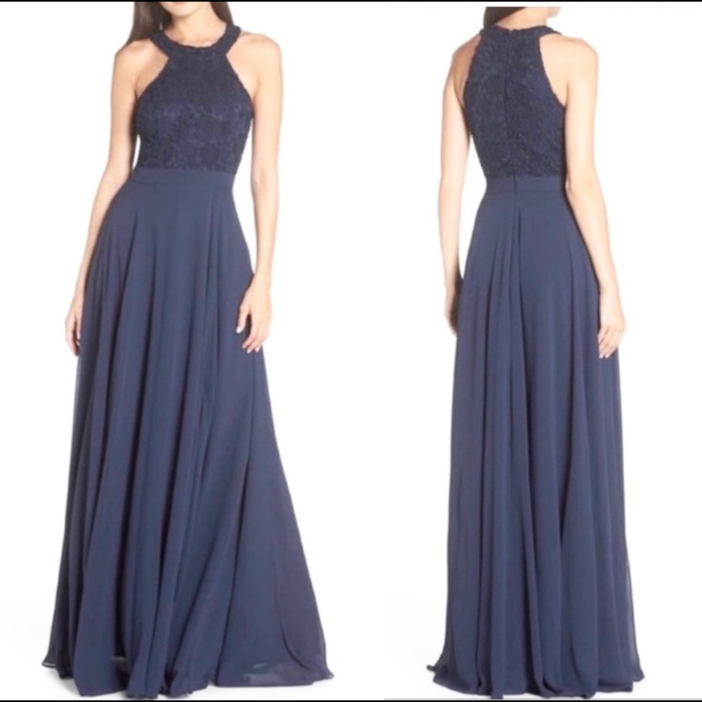 Navy Love Poem Lace Halter Gown